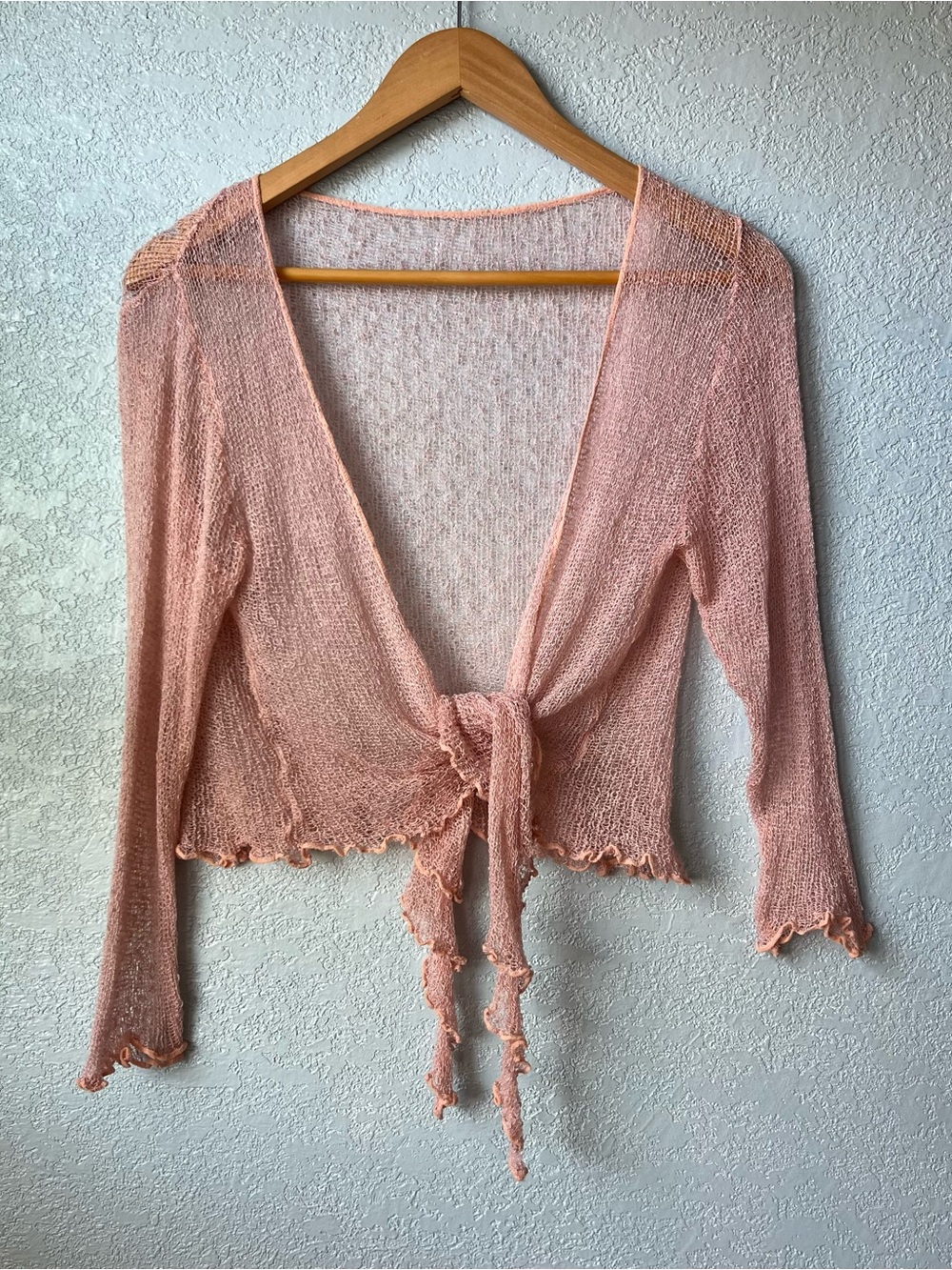 Sheer Pink Tie Front Shrug Cardigan Fairy Grunge Coquette Knit Top Size S